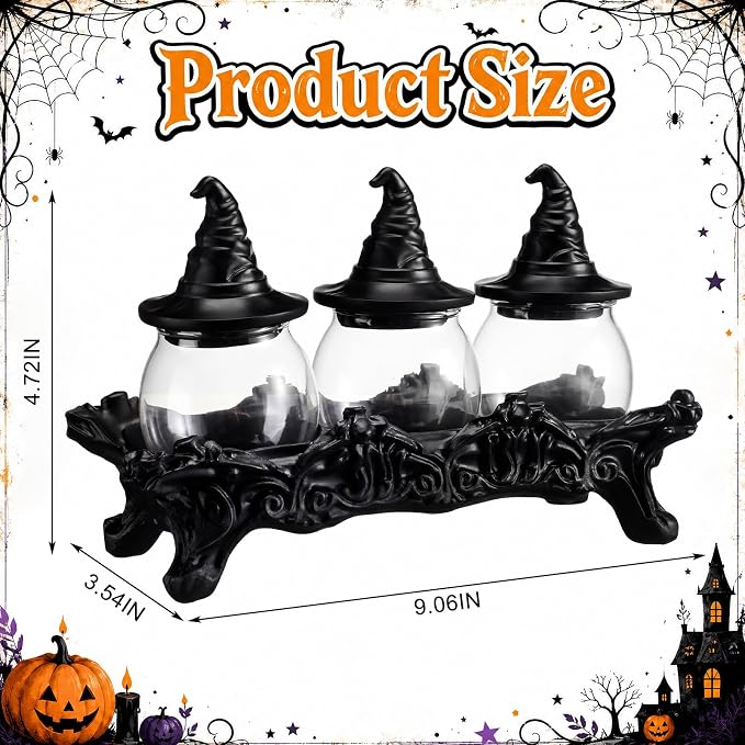 13'' Halloween Witchy Spice Jars Set 3 Pcs Large Gothic Vintage Apothecary Glass Jars with Witchy Hat Lids Home Kitchen Decoration Food Storage Container Herb Tea Salt Spice Pepper Display