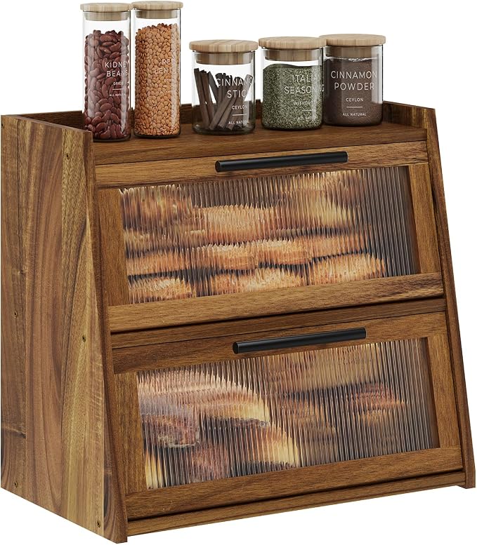 Bread Box for Kitchen Counter,Wooden Double Layer Countertop Bread Storage | Bread Holder Container Bin with Window for homemade bread; Acacia Wood Construction with Metal Handles