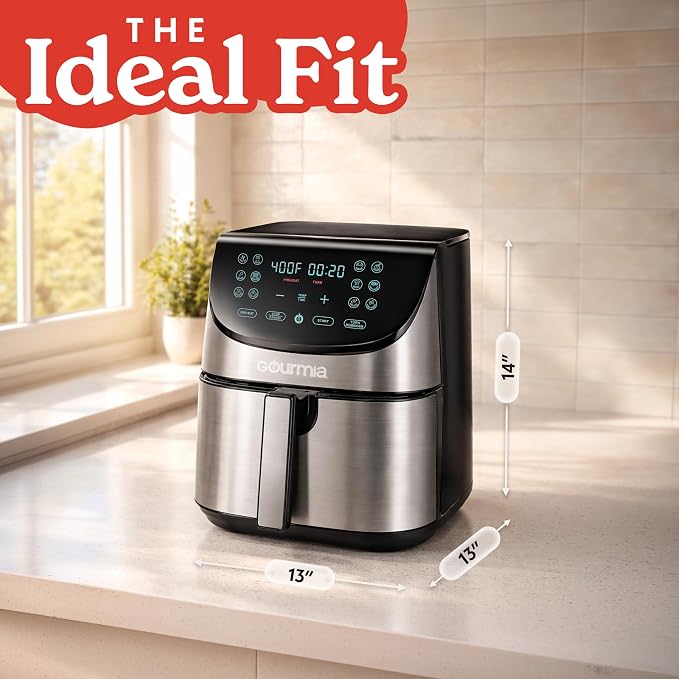 Gourmia Air Fryer - 8 Qt Extra Large Capacity, FryForce360º, Digital Display with 12 Presets, Roast, Bake, Broil, Dehydrate, Dishwasher Safe Accessories, Stainless Steel