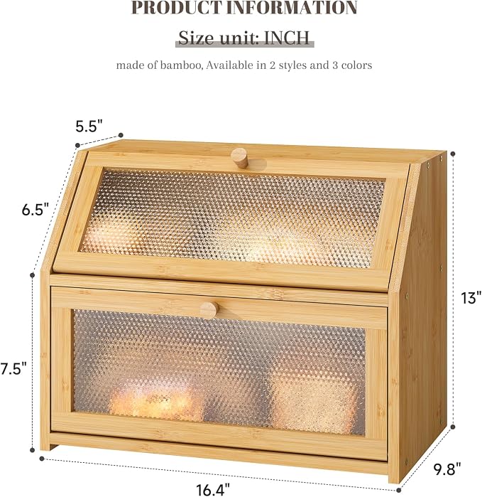 STDDRE Bread Box for Kitchen Countertop Bin Double Layer Bread Box Storage Container Extra Large Capacity Farmhouse with Diamond Pattern Windows (Natural, Large)