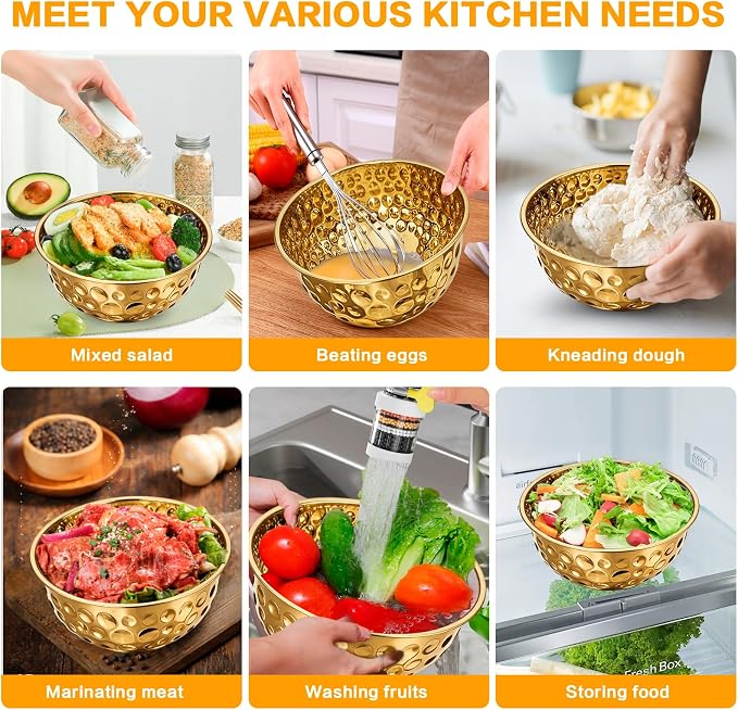 5-Piece Gold Stainless Steel Mixing Bowls Set | 4.9/4.2/3.2/2.1/1.6QT, Hammered Design, Food-grade, for Kitchen Meal Prep, Baking, Movie Night, Party and Home Decor