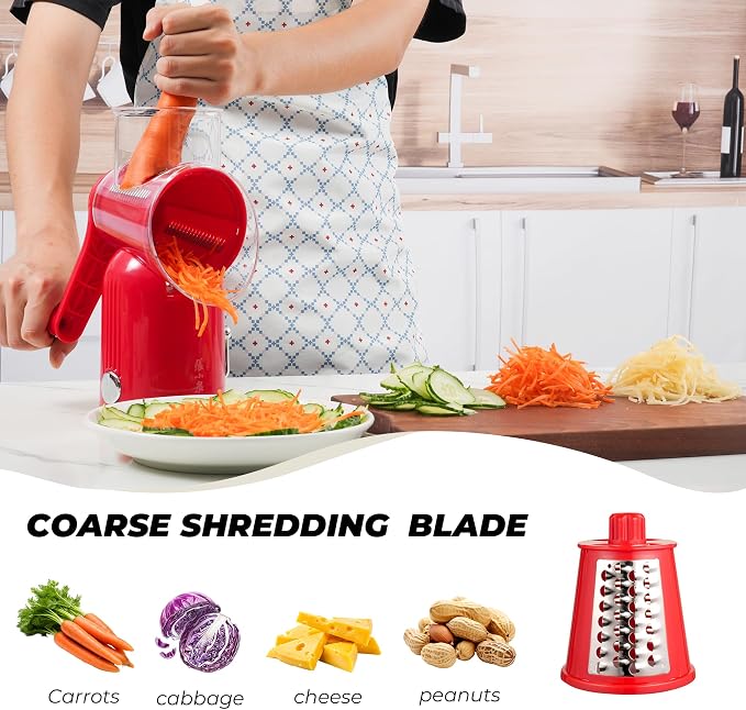 Rotary Cheese Grater Manual Hand Crank with 5 Blades & Suction Base, Kitchen Vegetable Shredder Slicer for Veggie, Nuts, Fruit, Red