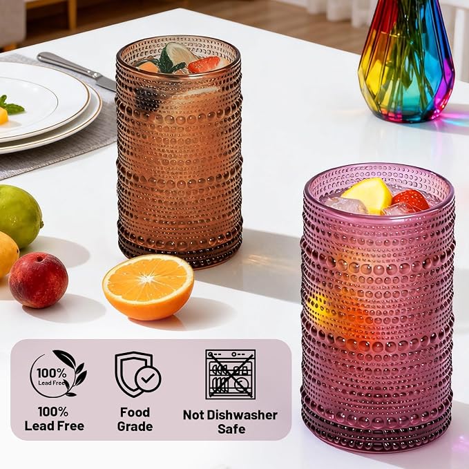 GGOLDMER Colored Hobnail Drinking Glasses Set of 6, 12oz Vintage Highball Glasses, Kitchen Glassware, Beaded Glass Cups for Iced Coffee, Cocktail, Beer, Juice, Cocktail, Whiskey, Milk