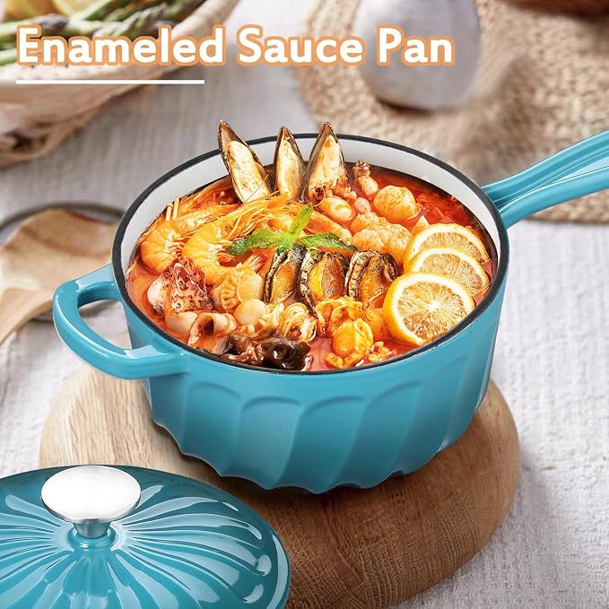 Enameled Cast Iron Sauce Pan with Lid, 2 Quart Saucepan with Lid | Dutch Oven with Lid, Small Cast Iron Pot for Cooking Pasta, Soup, Milk, Induction & Oven Safe Up to 500°F, Blue-green
