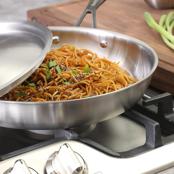 Babish 12-Inch Tri-Ply Stainless Steel Frying Pan with Lid & Black Handle – Professional Grade Skillet for Searing, Sautéing & Even Heat Cooking
