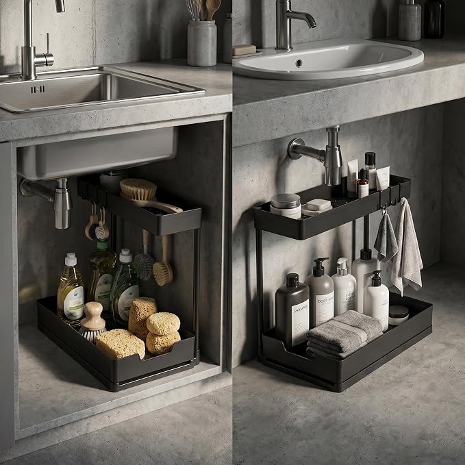 2 Pack Under Sink Organizer L-Shaped, Pull Out Large Capacity Storage | Durable PP Rack with Five Hangers for Kitchen, Bath & Pantry