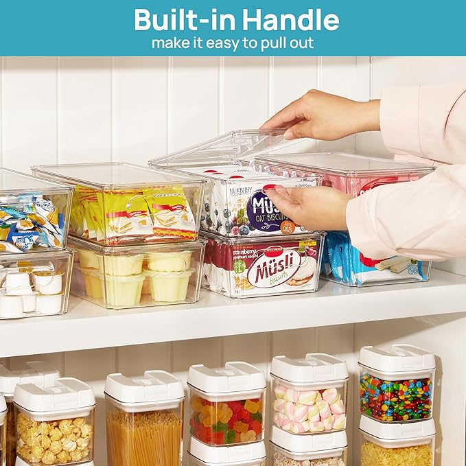 Vtopmart 2pcs Clear Stackable Storage Bins with Lids | BPA-free food-grade PET, Stackable with Lids Included, Easy to Move, For Fridge Freezer Pantry Cabinet Kitchen Organization