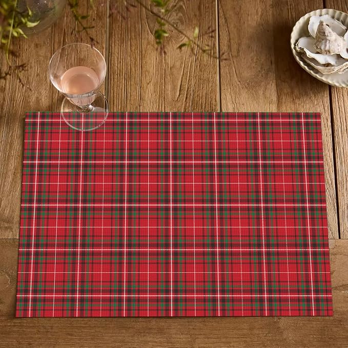Artoid Mode Red Buffalo Plaid Winter Placemats Set of 4, Washable Heat Resistant Non-Slip Woven Plastic PVC Place Mats for Farmhouse Holiday Party Kitchen Dining Decor