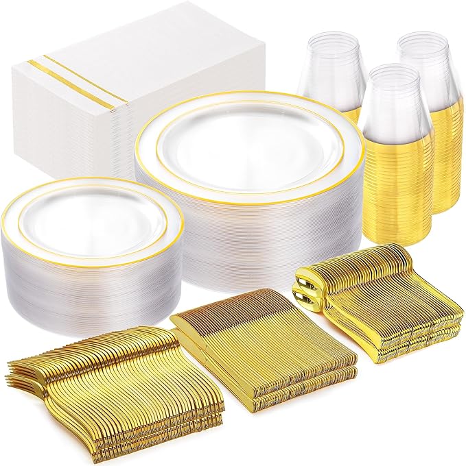 GATHER 350PCS Clear Plastic Plates with Gold Rim for Wedding and Party | Clear and Gold Disposable Dinnerware Sets include 100 Plates, 150 Silverware, 50 Napkins, 50 Cups for Anniversary Birthday