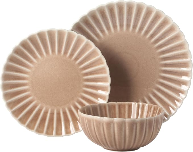 Gibson Elite Peach Orchard 12-Piece New Bone China Dinnerware Set Service for 4, Embossed Fluted Plates and Bowls, Dishwasher and Microwave Safe, Mauve Rose