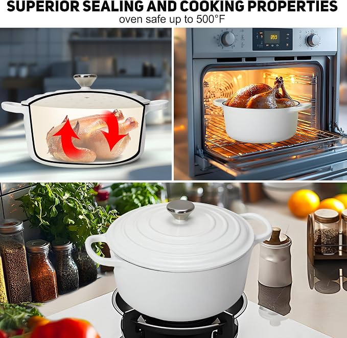 5QT Enameled Cast Iron Dutch Oven for Bread Baking with Lid, Sourdough Baking Supplies with Proofing Basket, Bread Making Tools Set, Heavy-Duty Cookware for Braising, Stews, Roasting White