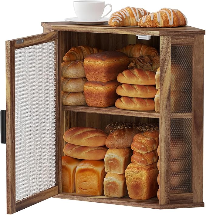 STDDRE Corner Bread Box for Kitchen Countertop 2-Tier Acacia Wood Kitchen Countertop Bread Storage Large Capacity Farmhouse Bread Box with Window Bread Holder Corner Food Organizer (Extra Large)