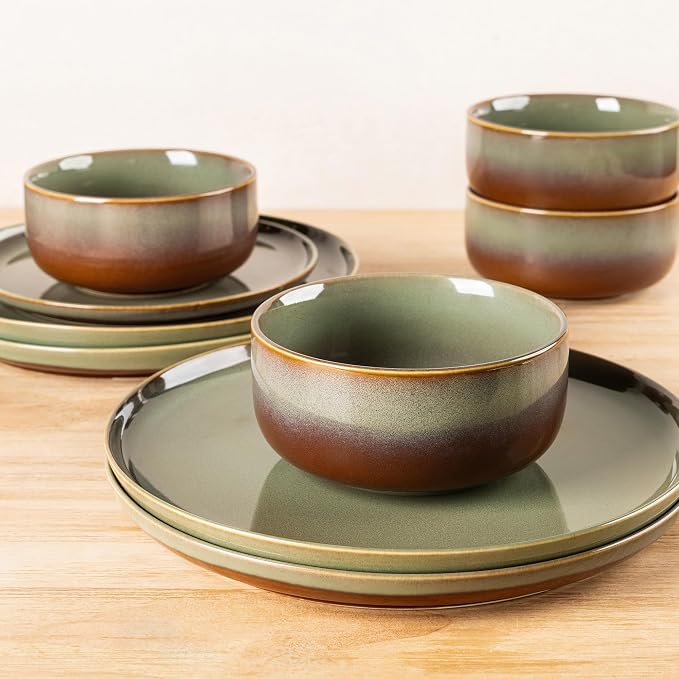 Ceramic Dinnerware Set for 4, 12-Piece Plates and Bowls Set | Handmade Reactive Glaze Dish Set, Scratch Resistant, Oven & Microwave & Dishwasher Safe, Sage Umber