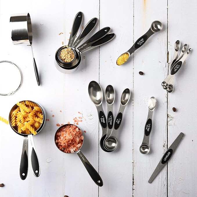 Measuring Cups and Spoons Set of 17 Double Sided Magnetic Measuring Spoons | Stainless Steel Measuring Cups Nesting Magnetic Measuring Spoons Set with 1 Leveler for Dry and Liquid Ingredients