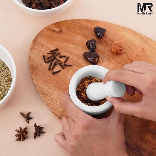 Marble Mortar and Pestle Set White 3" Inches Handmade Garlic Crusher & Grinder Bowl, Mini Mortar and Pestle for Kitchen - Herb Grinder Spice Grinder