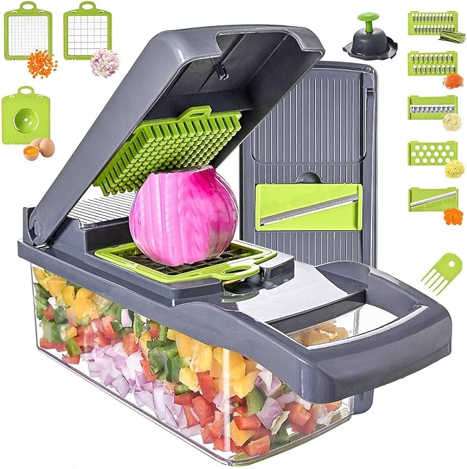 Vegetable Chopper with Container 13-in-1, 7 Blades Food Dicer Veggie Slicer | Onion, Tomato, Salad, Slap, Fruit Cutter with Sharp Stainless Steel Blades, All-in-One Kitchen Prep Tool
