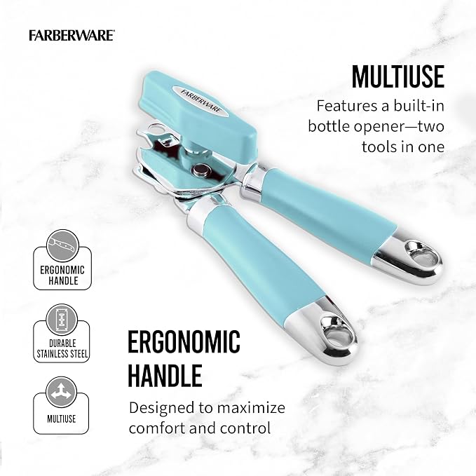 Farberware Pro2 Manual Can Opener with Built-In Bottle Opener, Ergonomic Handle, Sharp Durable Blades, Easy-Turn Knob, Aqua Sky, Kitchen Essential Tool