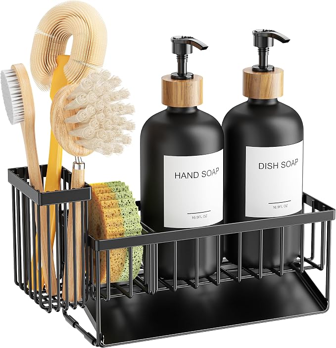 Cisily Kitchen Dish Soap Dispenser Set with 2 Pack 16.9oz Amber Glass Bottle and Sponge Holder, Dish Soap Dispensers with Adjustable Sponge Holder, Vintage Hand and Dish Soap Dispensers Set
