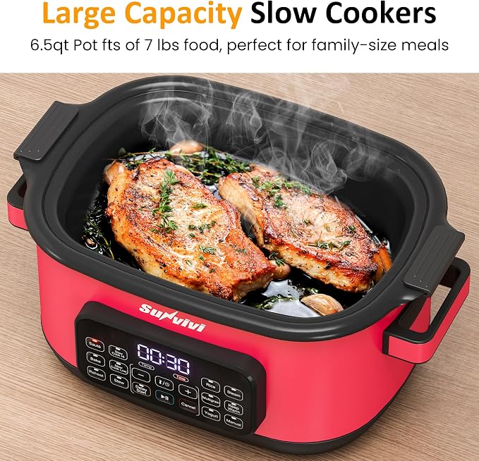 Sunvivi 12-in-1 Programmable Slow Cooker 6.5QT with Timer & Keep Warm | Multicooker with Timer & Temp Control, Dishwasher Safe Lid & Removable Nonstick Crock, Stainless Steel Rack, Red