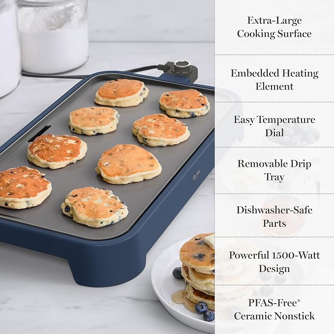 Martha Stewart 12"x 22" XL Electric Griddle, Ceramic Nonstick Flat Top | PFAS-Free Nonstick Grill, XL Cooking Surface for Pancakes & Eggs, Adjustable Temp Dial, Drip Tray, 1500W Heating, Indigo Blue
