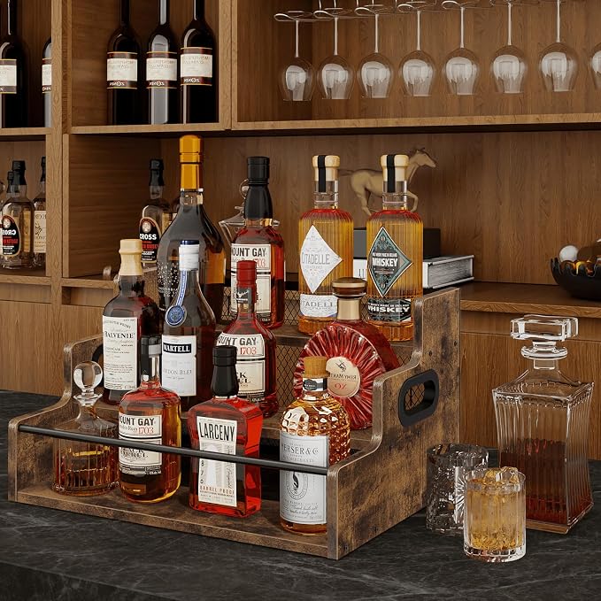 Liquor Bottle Display Shelf, 3 Step Coffee Syrup Rack Organizer, Countertop Liquor Wine Rack, Mini bar, Liquor Cabinet, Home Retro Bar Shelf Stand for Whiskey Alcohol Drink