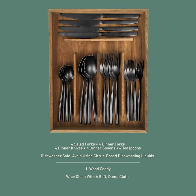 Two Time Oprah's Favorite Things Winner - 20 Piece Stone Washed Black Flatware 18/10 Stainless Steel Silverware Cutlery Utensil Set With Acacia Wood Caddy - Service for 4
