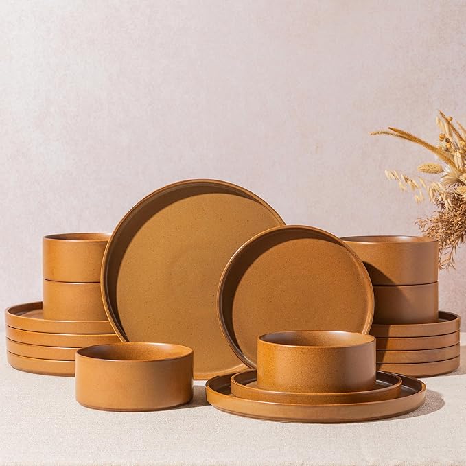 LERATIO Stoneware Dinnerware Sets for 4,12-Piece Matte Plates and Bowls Set | Handmade High Edge Rim Dish Set,Oven & Microwave,Dishwasher Safe,Scratch Resistant--Caramel