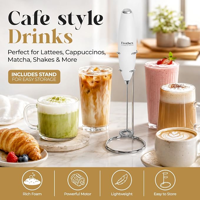 Milk Frother Handheld Electric Whisk with Stand & Batteries Coffee Latte