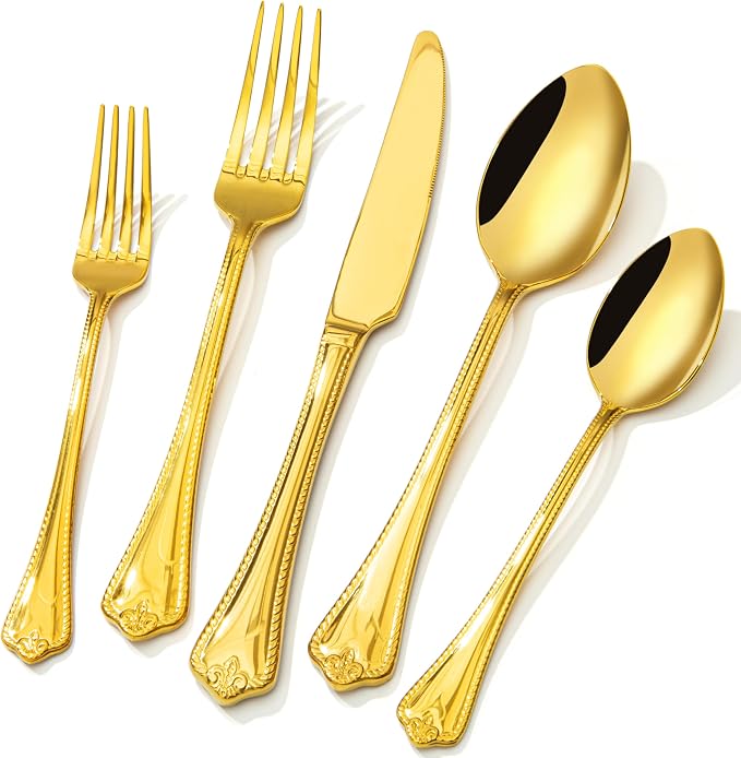 40 Pcs Gold Silverware Set, 18/10 Stainless Steel Flatware for 8 | Vintage Cutlery Set for Kitchen, Home, Wedding, Party, Mirror Polished and Dishwasher Safe, Featured Gifts