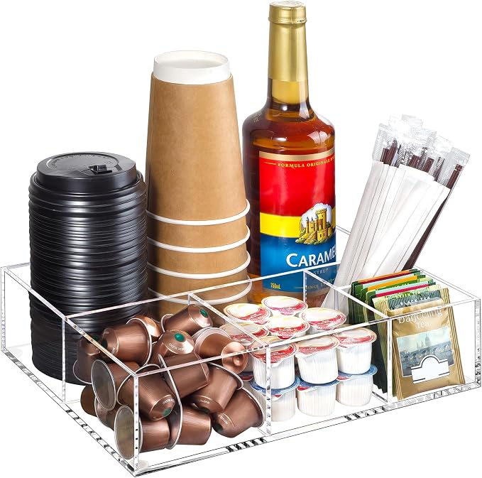 BEYGORM Acrylic Coffee Bar Station Organizer for Countertop | Office Breakroom Clear Snack Tea Storage Accessories Holder for Kcup Pod Condiment Cup Creamer Syrup, Gift for Coffee Lovers