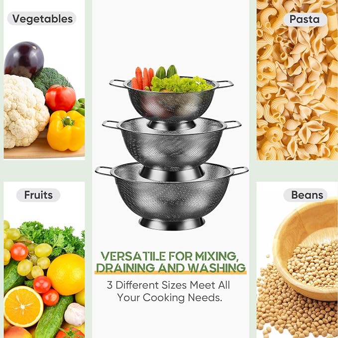 3 Pcs Stainless Steel Colander Set Colander Bowl and Sieves 1/3/5 Quart Metal Mesh Strainer Net Basket with Handles Food Spaghetti Strainer for Kitchen Draining Pasta Rinsing(Black)