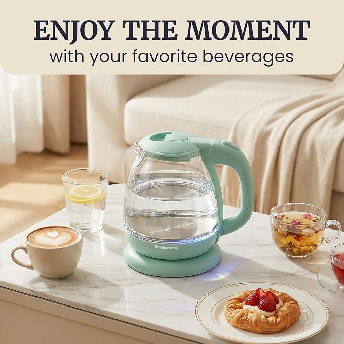 Elite Gourmet 1L Glass Electric Water Kettle, BPA-Free Fast Boil, Mint | Auto Shut-Off, Boil-Dry Protection, 360° Swivel Base Cordless Serving, Clear-View Water Level Markings