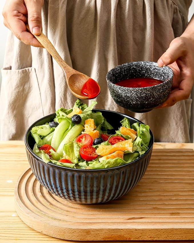Hasense Large Salad Bowls of 2, Porcelain 60 Oz Serving Bowl 8 Inch for Kitchen Dining,Elegant Ribbed Ceramic Dishes for Party,Soup,Pho,Pasta,Cereal,Fruit - Dishwasher & Microwave Safe, Blue