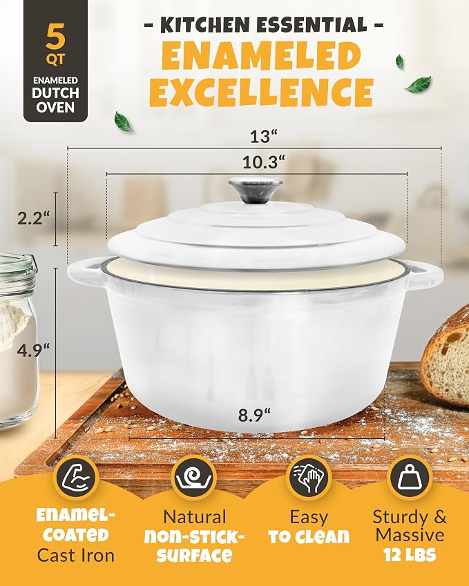 5 QT Enameled Bread Baking Pan with Lid for Artisan Sourdough Set | Dutch Oven for Sourdough Bread Baking, Enameled Bread Pan with Lid, Banneton, Bread Sling, Lame, Dough Whisk & Clear Guide