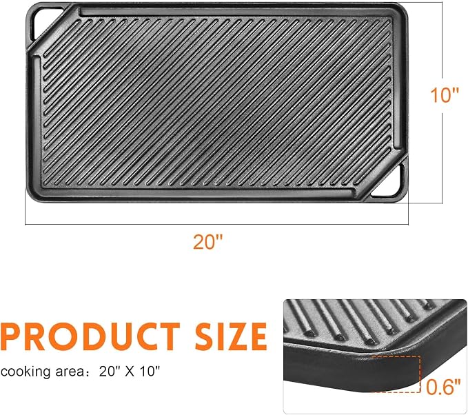 GGC Reversible Cast Iron Griddle, 20 x 10 Rectangular Griddle Pan | Double Sided Griddle Pan Perfect for Gas Grills, Stove Tops and Outdoor Cooking, Baking Flat and Ribbed Griddle Plate
