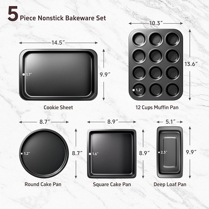 CasaCulina Baking Pans Set, 5-Piece Nonstick Bakeware Sets, Black | Kitchen Cookware Sets Baking Supplies with Round/Square Cake Pan, Muffin Loaf Roast Pan, Baking Sheets for Oven, Black