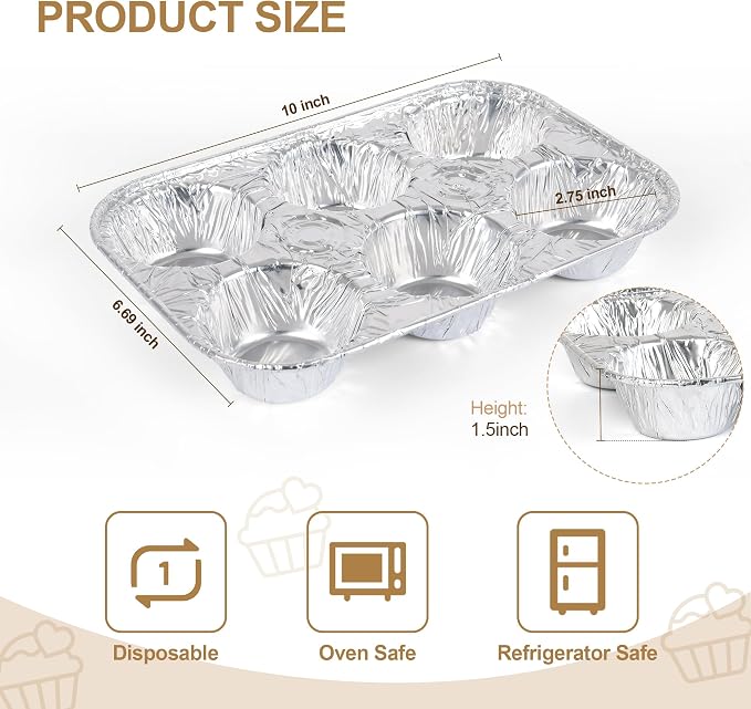 Artcochan 20 Pack Muffin Pan,6 Cup Disposable Aluminum Foil Muffin Tins,Standard Size Cupcake Pan for Baking Cupcakes and Mini Pies,Home Kitchen and Party Use