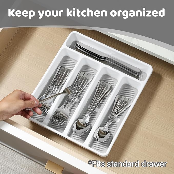 5-Compartment Silverware Organizer Tray with Icons for Kitchen Drawer | Non-slip TPR Linings，5-Compartment，High-quality Plastic，Fits Well In Standard Drawers，With Cutlery Icons
