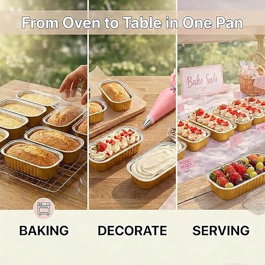YQER 100 Pack Gold Mini Cake Pans with Lids and Spoons, 6.8 oz Disposable Aluminum Foil Mini Loaf Pans Cake Tins with Stickers and Reusable Decorating Set for Wedding Desserts, Parties and Gifts