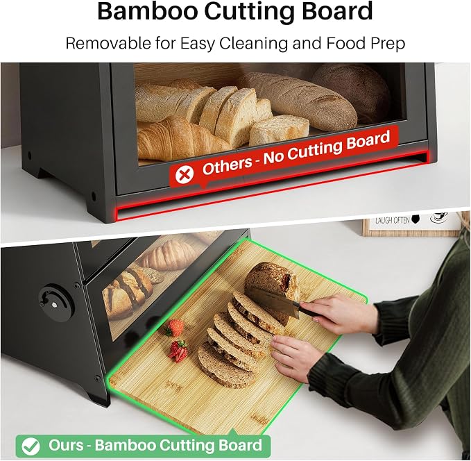 SNTD 2 Tier Bread Box for Kitchen Countertop, Adjustable Ventilation, Black | Bamboo Cutting Board, Airtight Design, See-Through Magnetic Door, Bread Storage Container for Homemade Bread, Multi-purpose