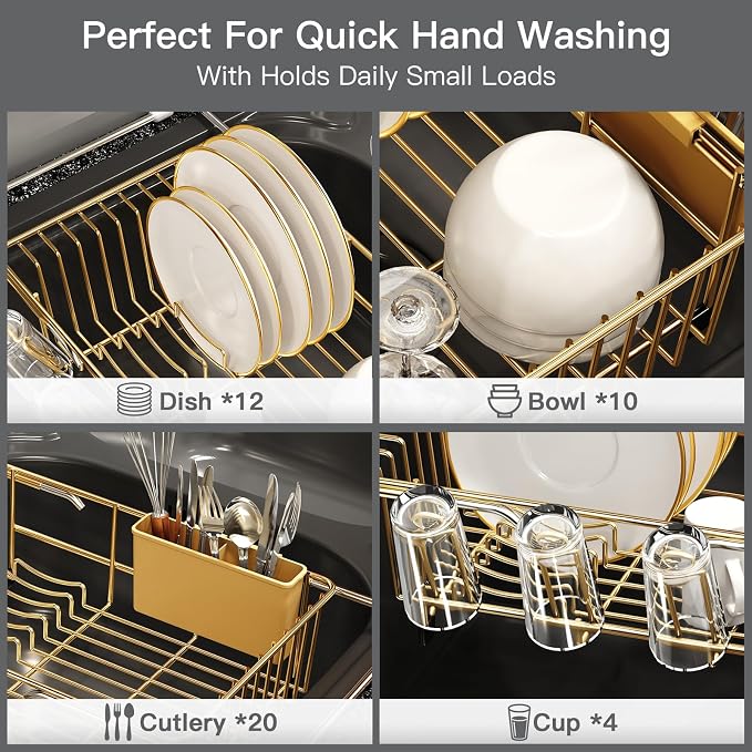 Gold Dish Drying Rack Over Sink with Utensil Holder, Drainboard | Expandable Stainless Steel Dish Drainer for Small Kitchen, Apartment, RV, Counter Space Saving, Perfect Fit, Rustproof