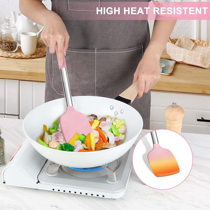 LIANYU 15 Piece Cooking Utensils Set with Stainless Steel Handle, Silicone Kitchen Gadgets with Holder, Heat Resistant Spatula Spoon Turner Tong Whisk Brush Tools for Cooking, Dishwasher Safe, Pink