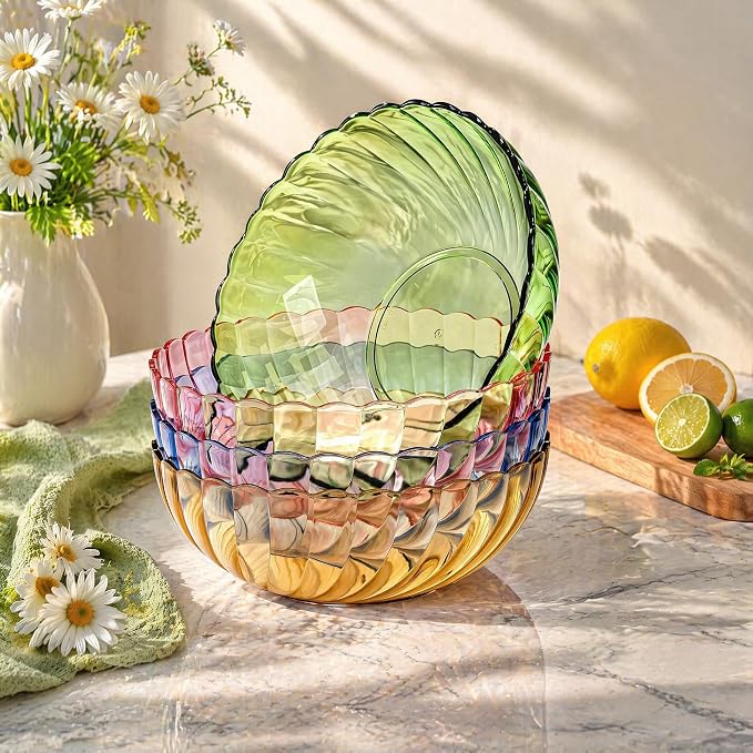 Fasmov 4 Pack Plastic Serving Bowls, Plastic Salad Mixing Bowls, 74oz Break Resistant Plastic Bowls for Salad, Fruit, Popcorn, Chip and Dip, Multicolor