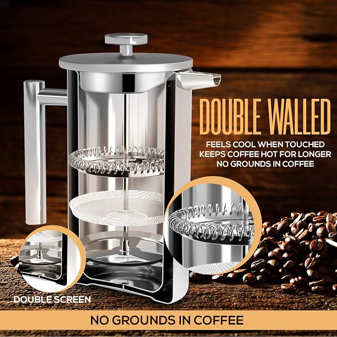 Utopia Kitchen 304 Grade Stainless Steel French Press 34 Oz, Silver | Double Wall Insulated Coffee Press with 4-Level Filtration System, Include 2 Extra Filters, Rust-Free, Dishwasher Safe