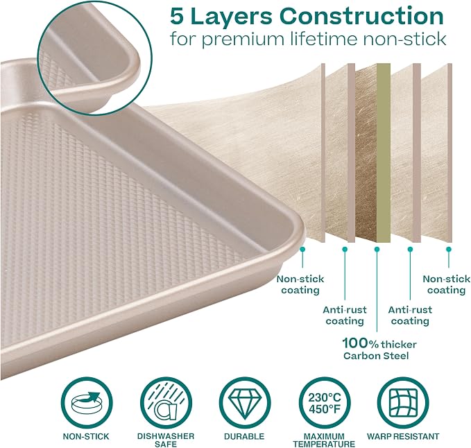 Baker's Secret 2 Pack Jelly Roll Pan 15.75x10.9', Commercial Cookie Sheets for Baking with Diamond Texture Surface, 100% Thicker Carbon Steel Baking Sheet for Oven, Nonstick Cooking Tray