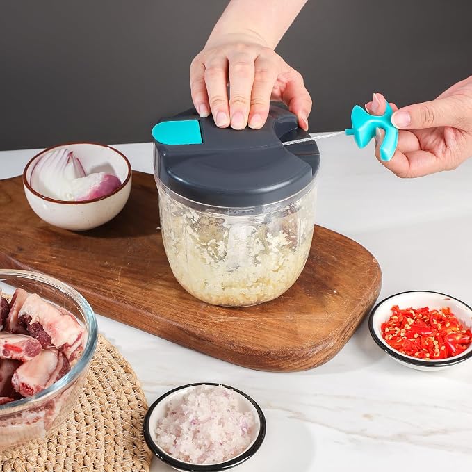 Portable Manual Food Processor Vegetable Chopper (900ml, Blue) | Hand Pull String Vegetable Chopper With Container for Onion, Ginger, Fruits, Nuts