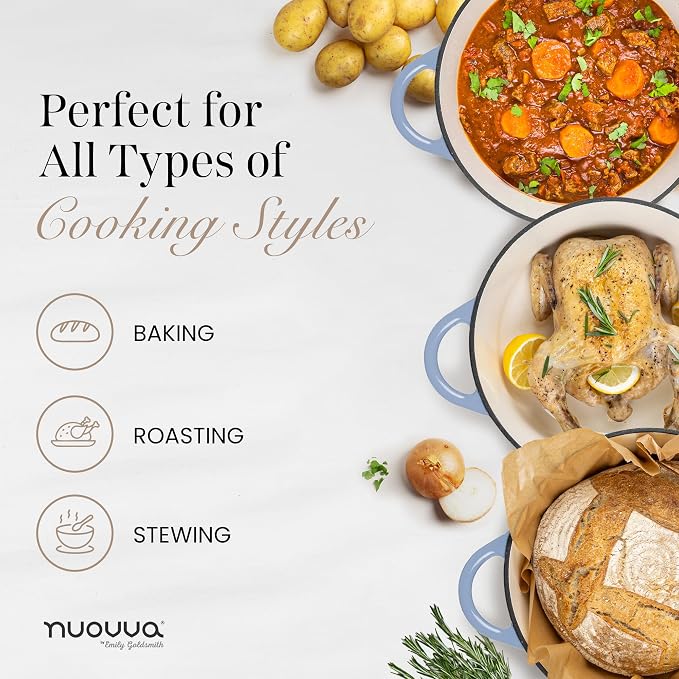 Nuovva Enamelled Cast Iron Dutch Oven Pot with Lid 6.4 Quart Non Stick Casserole Pot-Heavy Duty & Oven Safe up to 500° F for Bread Baking, Braising, Stews, Roasting - 28cm Coastal Blue