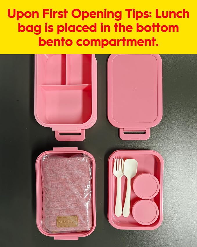 Adults Bento Lunch Box Set with Thermo Bag, 74oz Stackable Leak-proof 3-tiers Bento Box, Built-in Utensil and Sauce Container for Work, School, Dining Out (Pink)