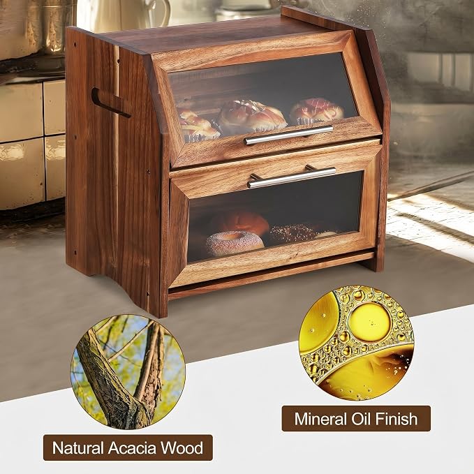 Garvee Acacia Wood Double Layer Bread Box, Clear Acrylic Door | Ventilation Design, Compact Countertop Organizer, Farmhouse/Country/Modern Kitchen Decor Styles