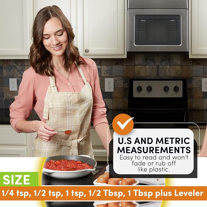 Spring Chef Stackable Stainless Steel Measuring Spoons Set of 6 w/Leveler | Rectangular Metric Metal Teaspoon & Tablespoon Measuring Spoons for Dry & Liquid Ingredients, Fits in Spice Jars, Long Handle